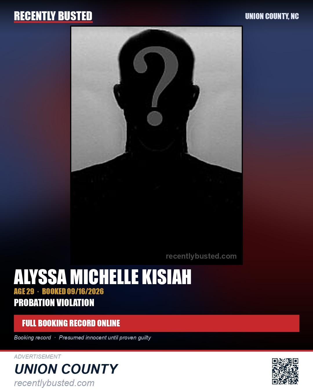 KISIAH, ALYSSA MICHELLE — arrest record card, Union County, North Carolina