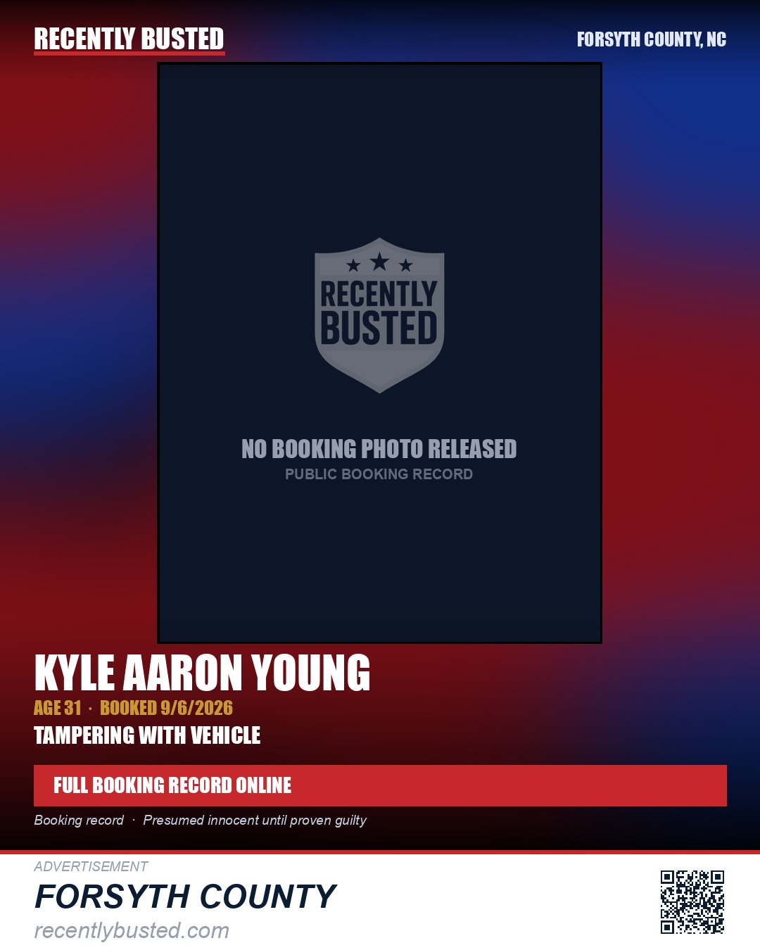 KYLE AARON YOUNG — arrest record card, Forsyth County, North Carolina