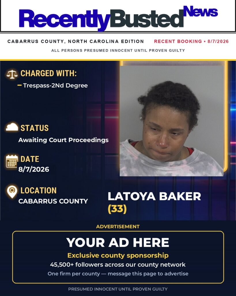 LATOYA BAKER — arrest record card, Cabarrus County