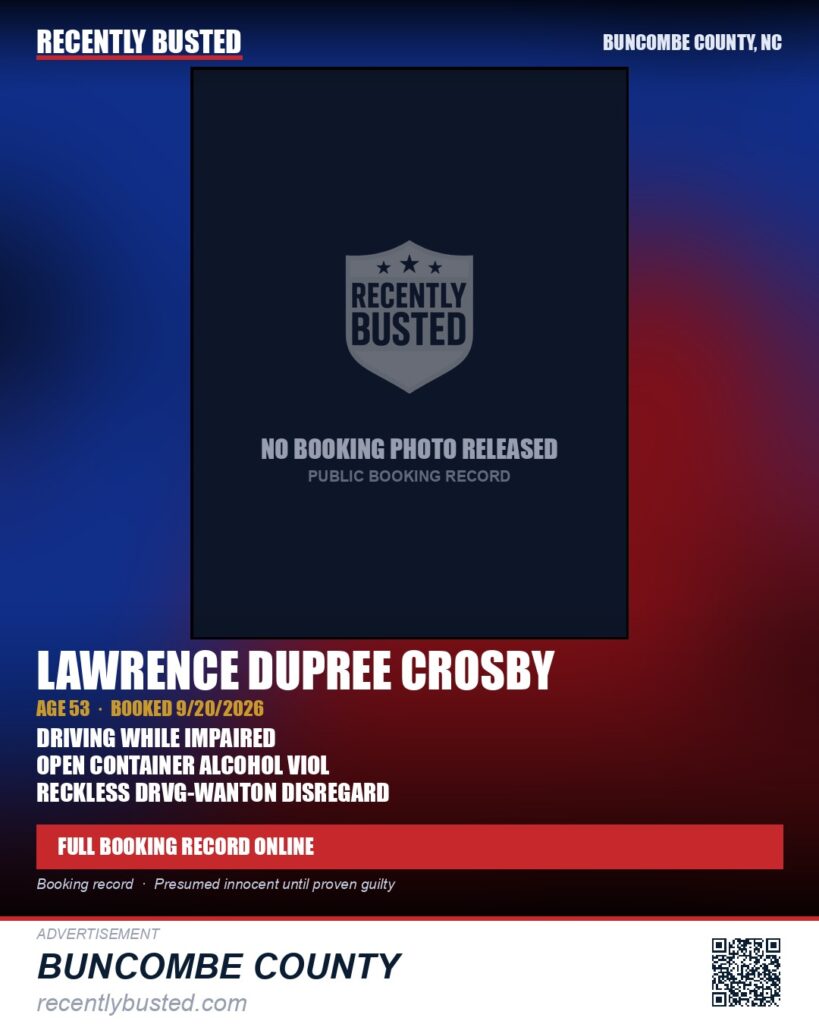 LAWRENCE DUPREE CROSBY — arrest record card, Buncombe County, North Carolina
