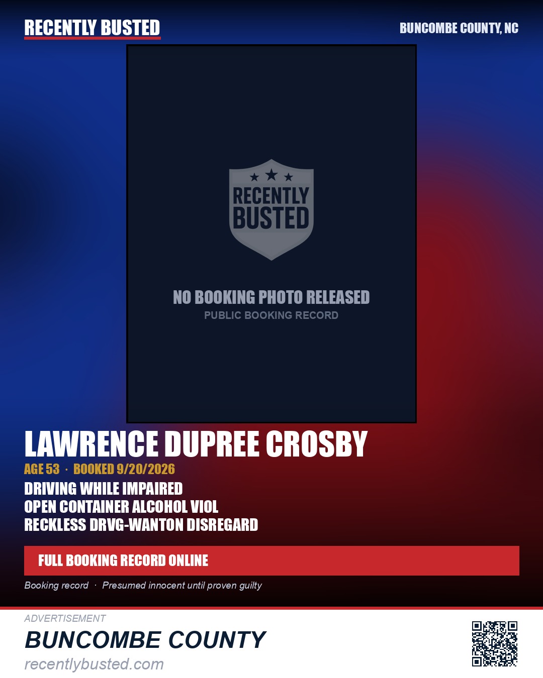 LAWRENCE DUPREE CROSBY — arrest record card, Buncombe County, North Carolina