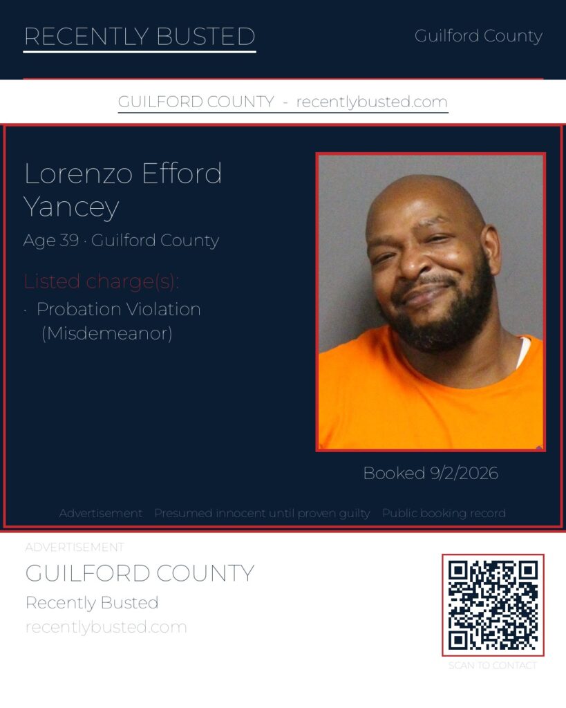 LORENZO EFFORD YANCEY — arrest record card, Guilford County, North Carolina