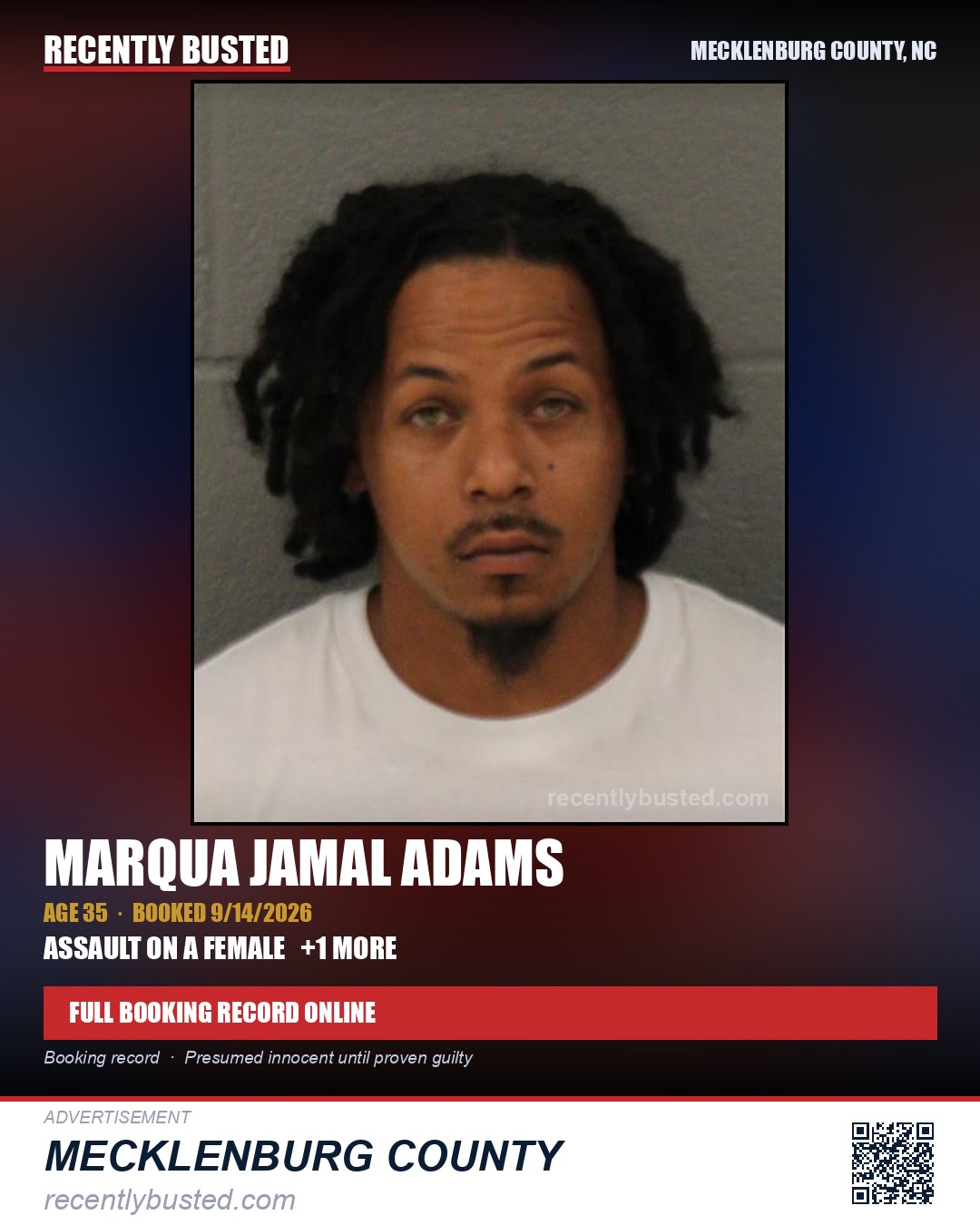 MARQUA JAMAL ADAMS — arrest record card, Mecklenburg County, North Carolina