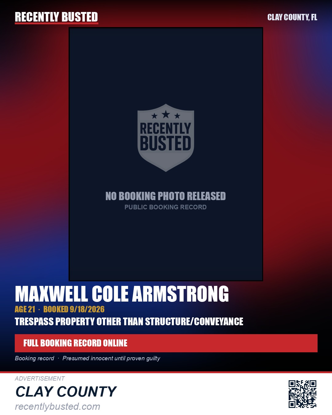 MAXWELL COLE ARMSTRONG — arrest record card, Clay County, Florida