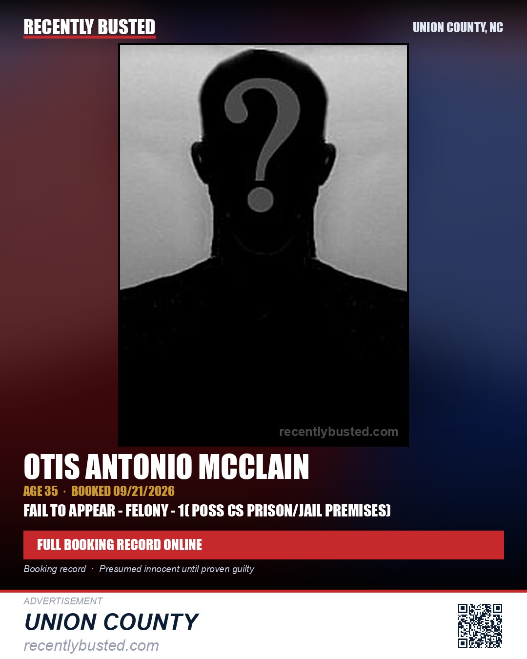 MCCLAIN, OTIS ANTONIO — arrest record card, Union County, North Carolina
