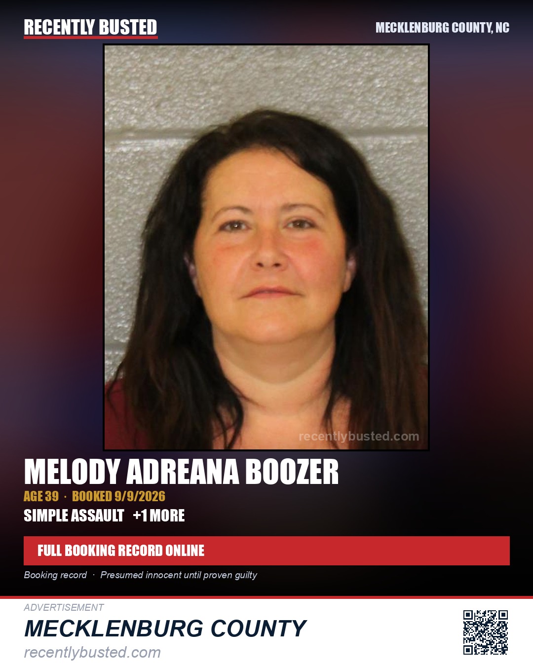 MELODY ADREANA BOOZER — arrest record card, Mecklenburg County, North Carolina