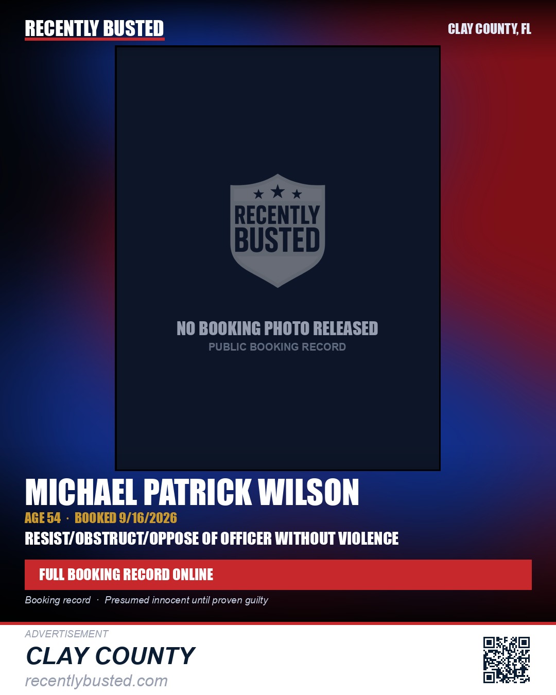 MICHAEL PATRICK WILSON — arrest record card, Clay County, Florida