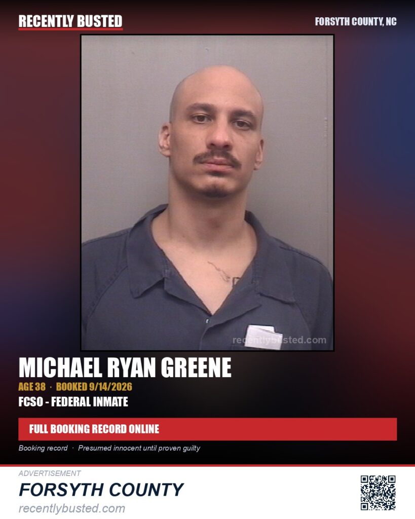 MICHAEL RYAN GREENE — arrest record card, Forsyth County, North Carolina