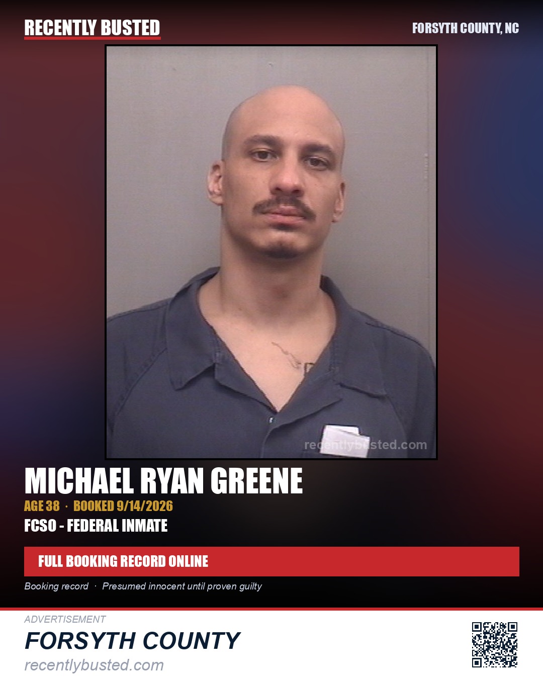MICHAEL RYAN GREENE — arrest record card, Forsyth County, North Carolina
