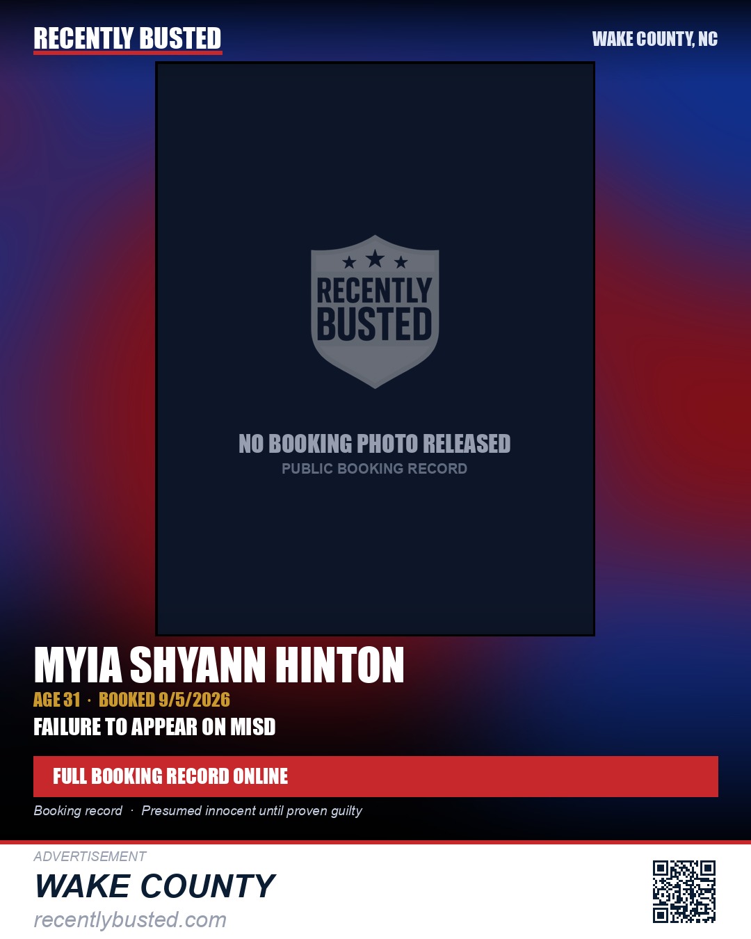 MYIA SHYANN HINTON — arrest record card, Wake County, North Carolina