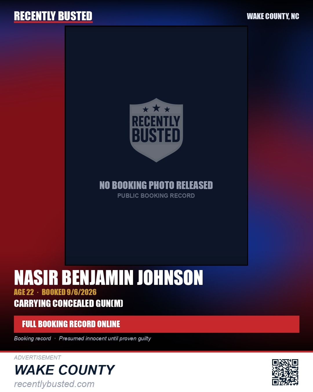 NASIR BENJAMIN JOHNSON — arrest record card, Wake County, North Carolina