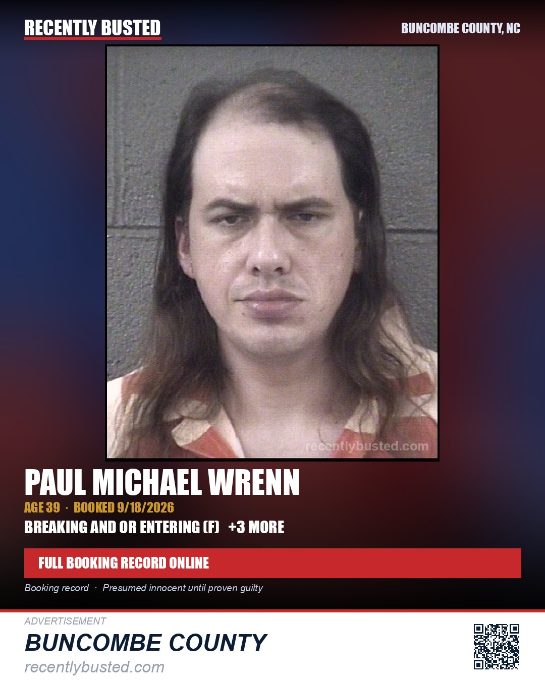 PAUL MICHAEL WRENN — arrest record card, Buncombe County, North Carolina
