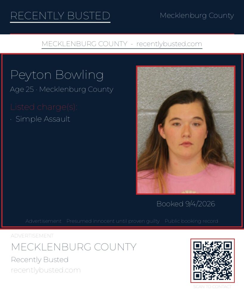 PEYTON BOWLING — arrest record card, Mecklenburg County, North Carolina