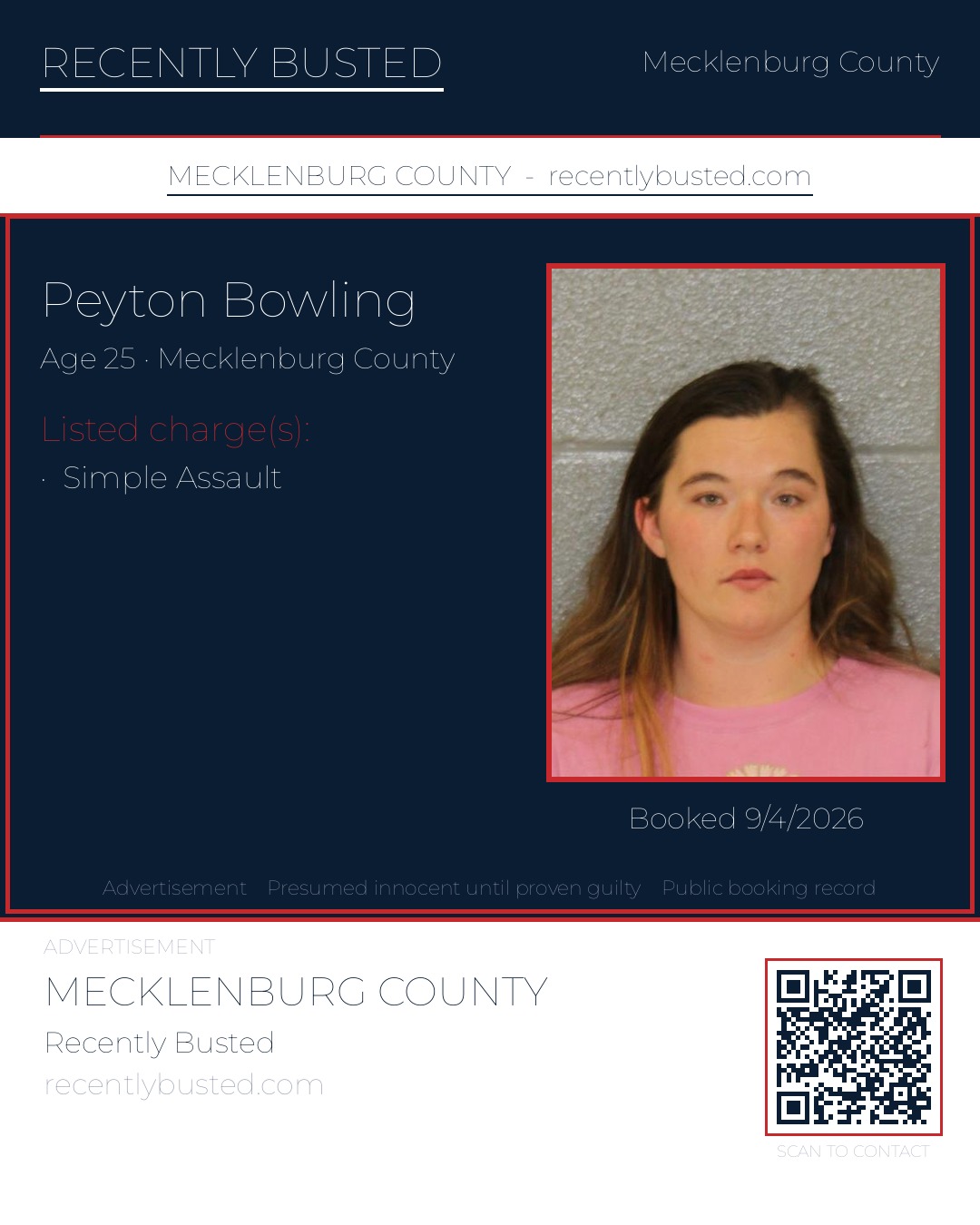 PEYTON BOWLING — arrest record card, Mecklenburg County, North Carolina