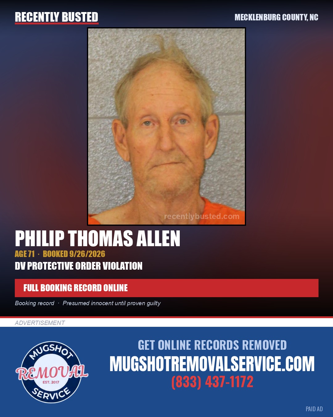 PHILIP THOMAS ALLEN — arrest record card, Mecklenburg County, North Carolina