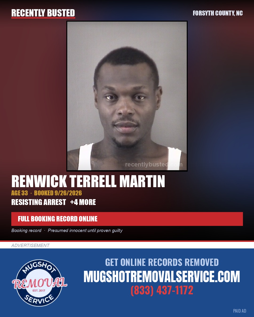 RENWICK TERRELL MARTIN — arrest record card, Forsyth County, North Carolina