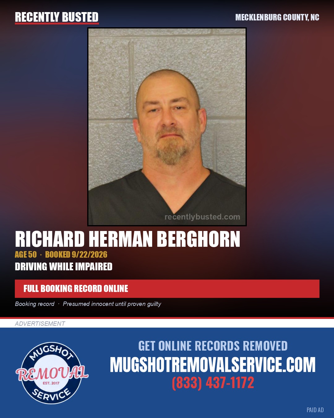 RICHARD HERMAN BERGHORN — arrest record card, Mecklenburg County, North Carolina