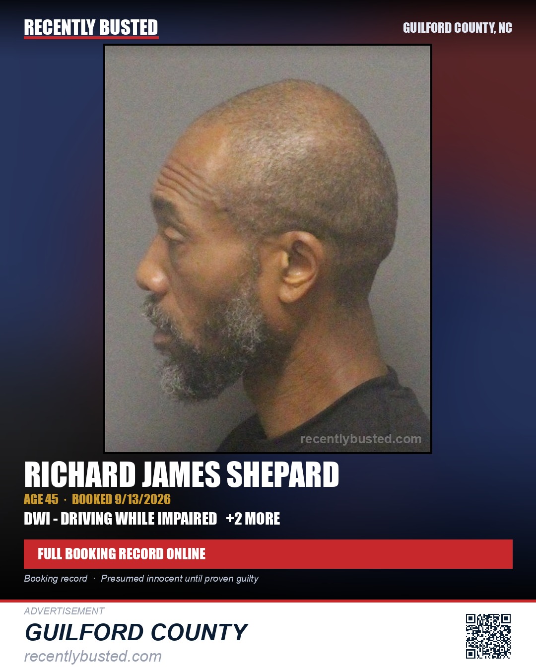 RICHARD JAMES SHEPARD — arrest record card, Guilford County, North Carolina