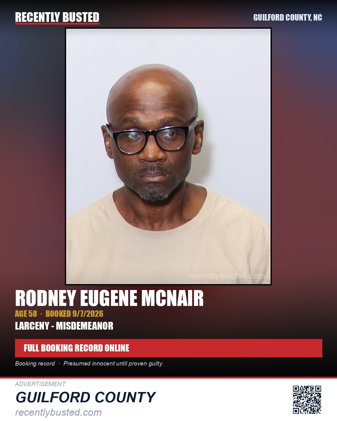 RODNEY EUGENE MCNAIR — arrest record card, Guilford County, North Carolina