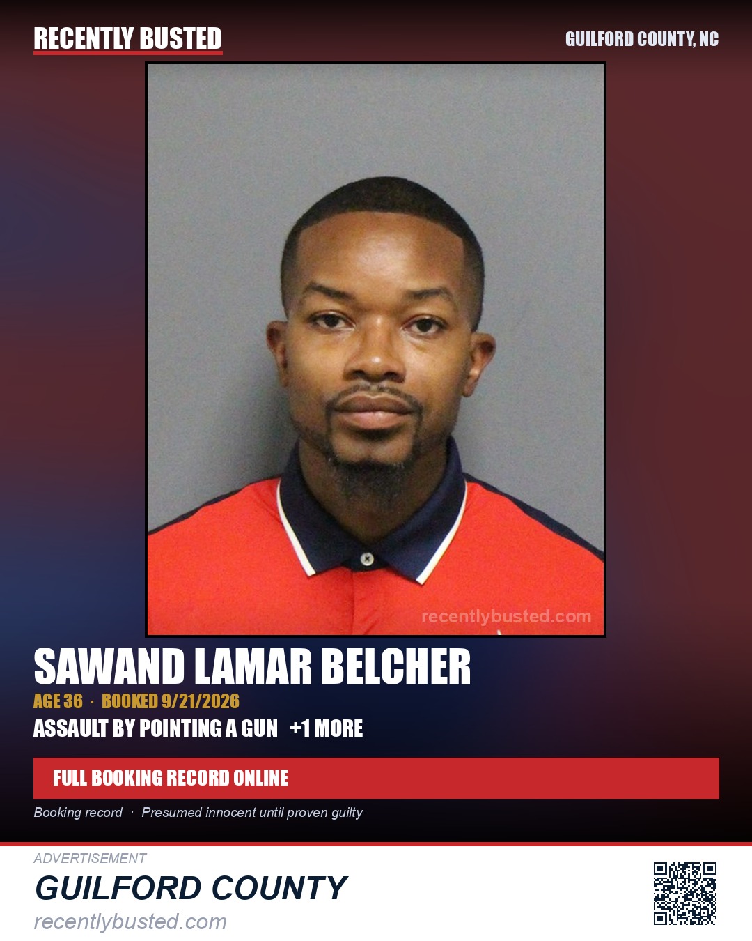 SAWAND LAMAR BELCHER — arrest record card, Guilford County, North Carolina