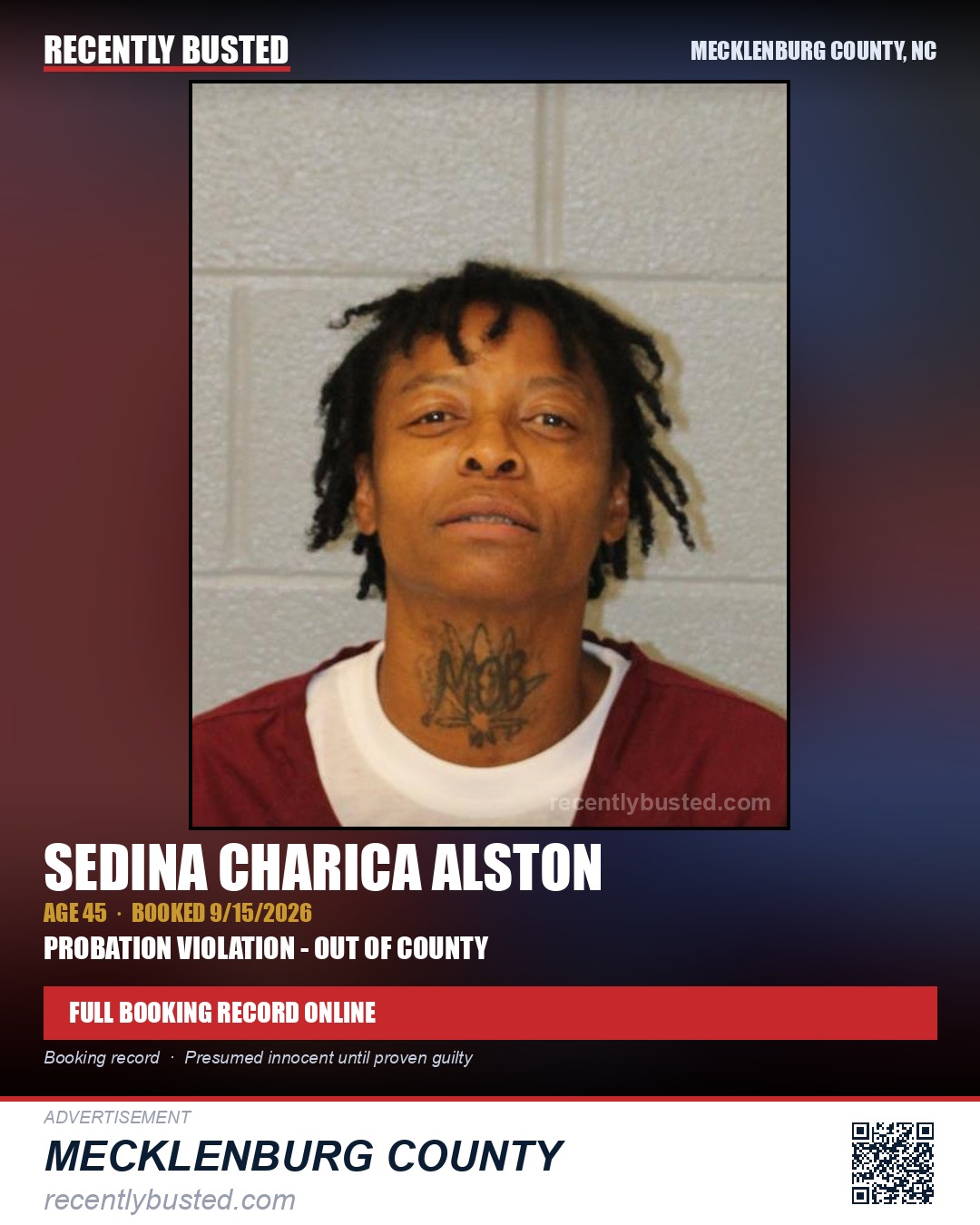 SEDINA CHARICA ALSTON — arrest record card, Mecklenburg County, North Carolina