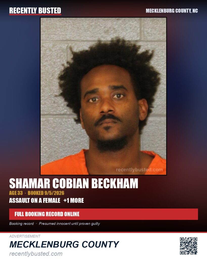 SHAMAR COBIAN BECKHAM — arrest record card, Mecklenburg County, North Carolina