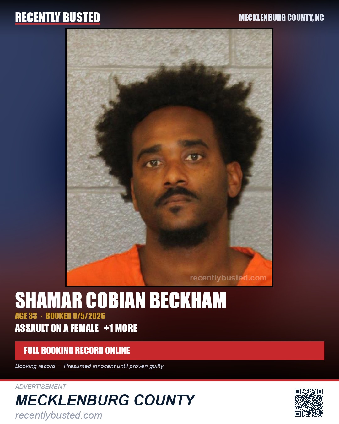 SHAMAR COBIAN BECKHAM — arrest record card, Mecklenburg County, North Carolina