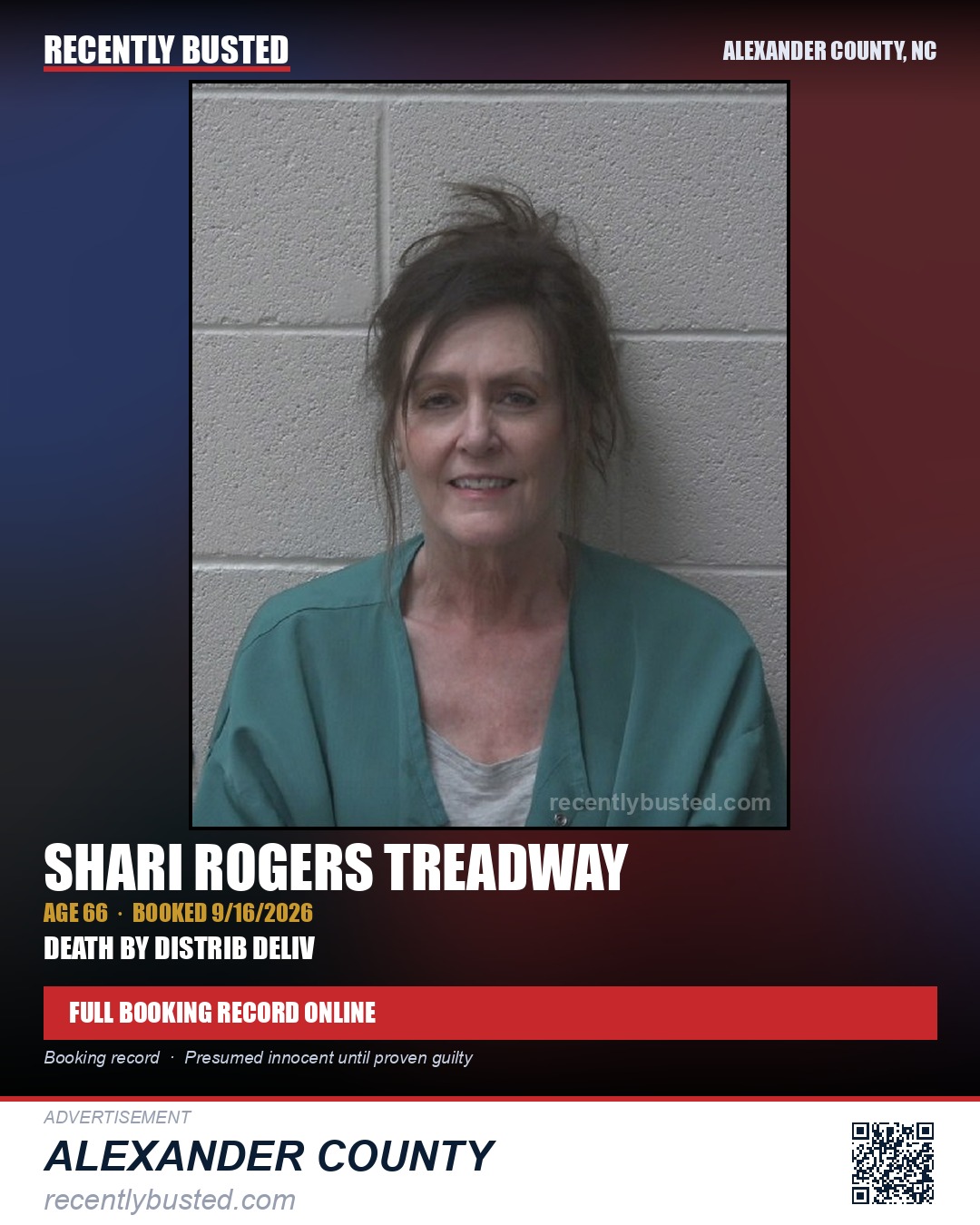 SHARI ROGERS TREADWAY — arrest record card, Alexander County, North Carolina