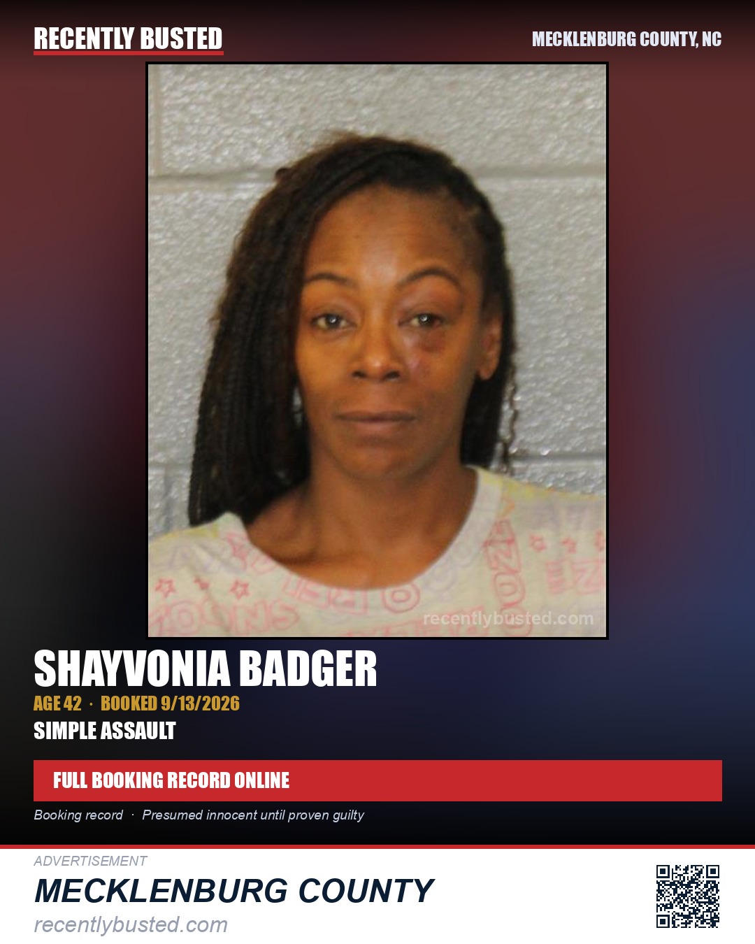 SHAYVONIA BADGER — arrest record card, Mecklenburg County, North Carolina