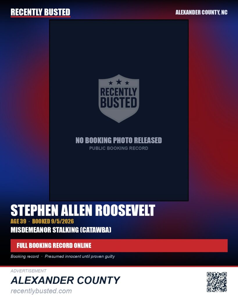 STEPHEN ALLEN ROOSEVELT — arrest record card, Alexander County, North Carolina
