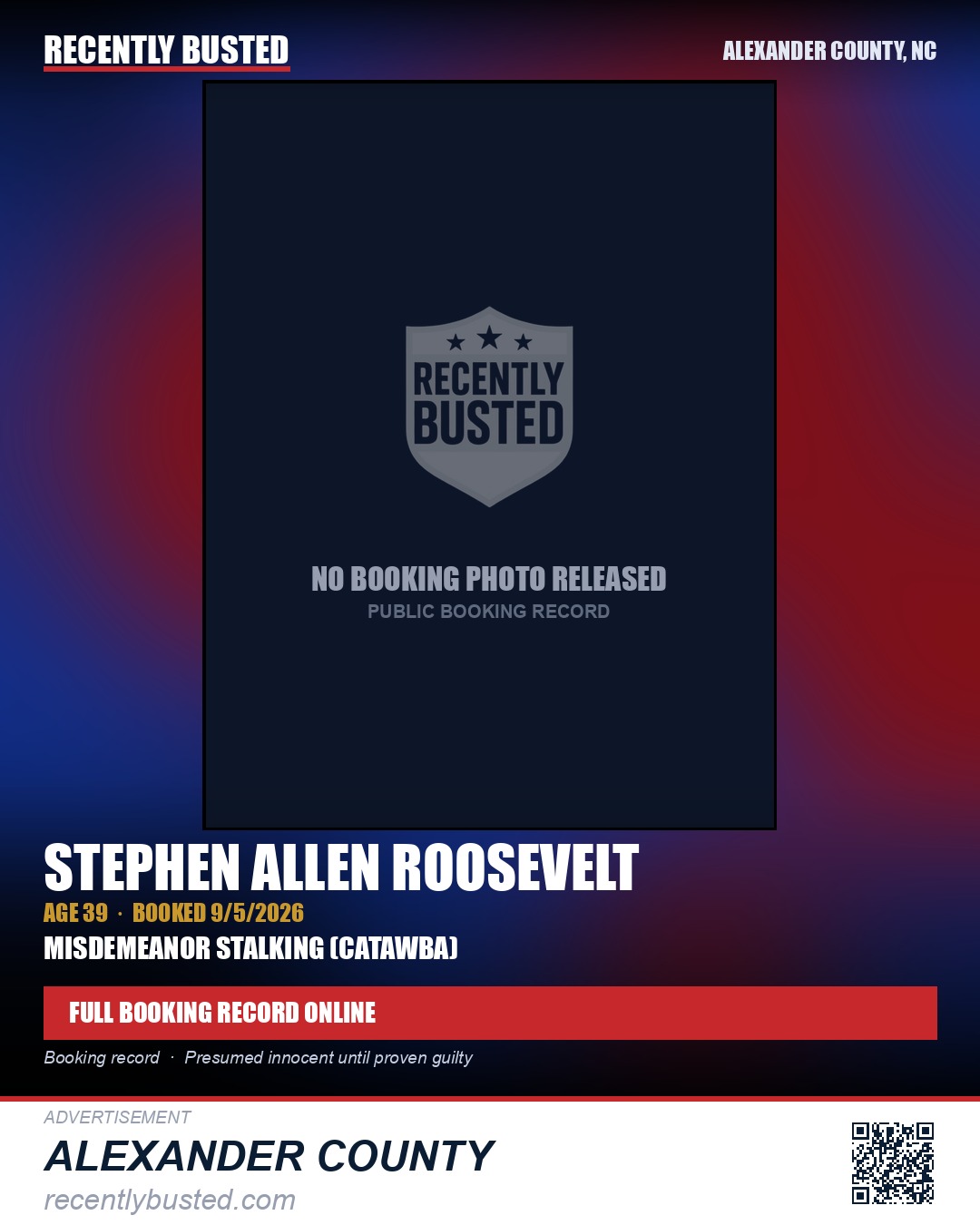 STEPHEN ALLEN ROOSEVELT — arrest record card, Alexander County, North Carolina