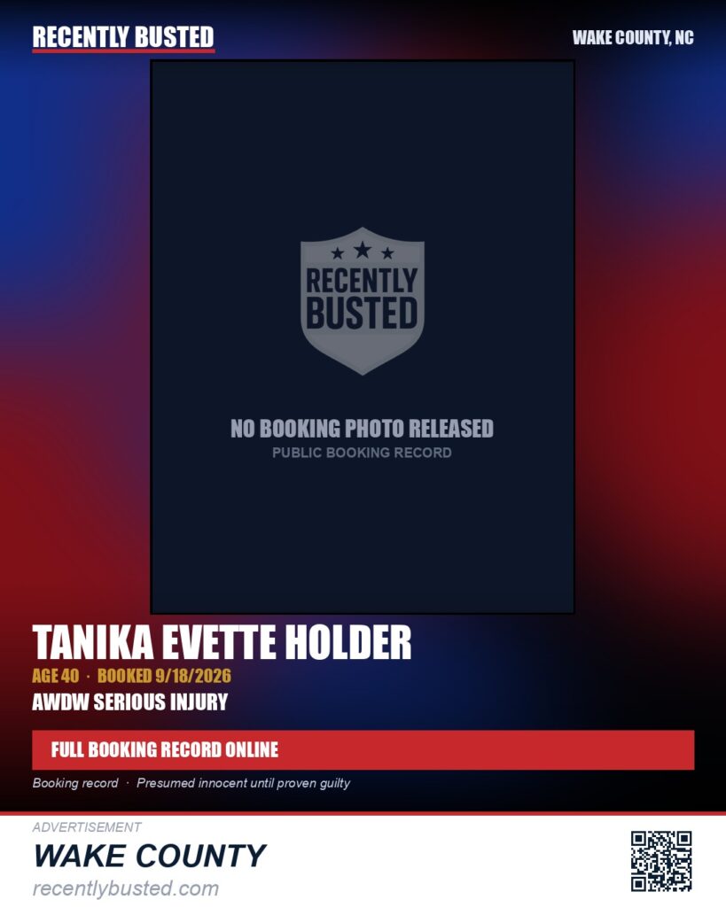 TANIKA EVETTE HOLDER — arrest record card, Wake County, North Carolina