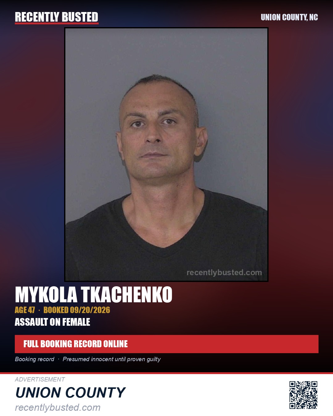 TKACHENKO, MYKOLA — arrest record card, Union County, North Carolina