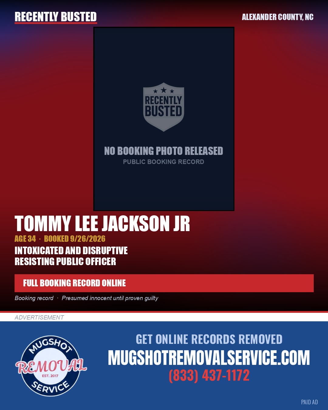 TOMMY LEE JACKSON JR — arrest record card, Alexander County, North Carolina