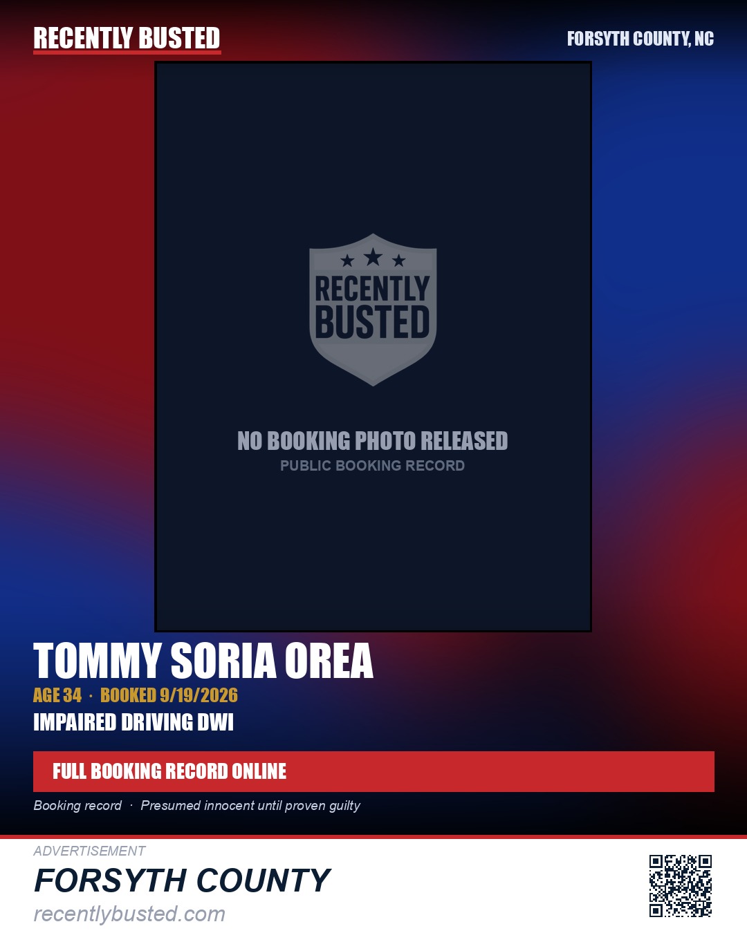 TOMMY SORIA OREA — arrest record card, Forsyth County, North Carolina