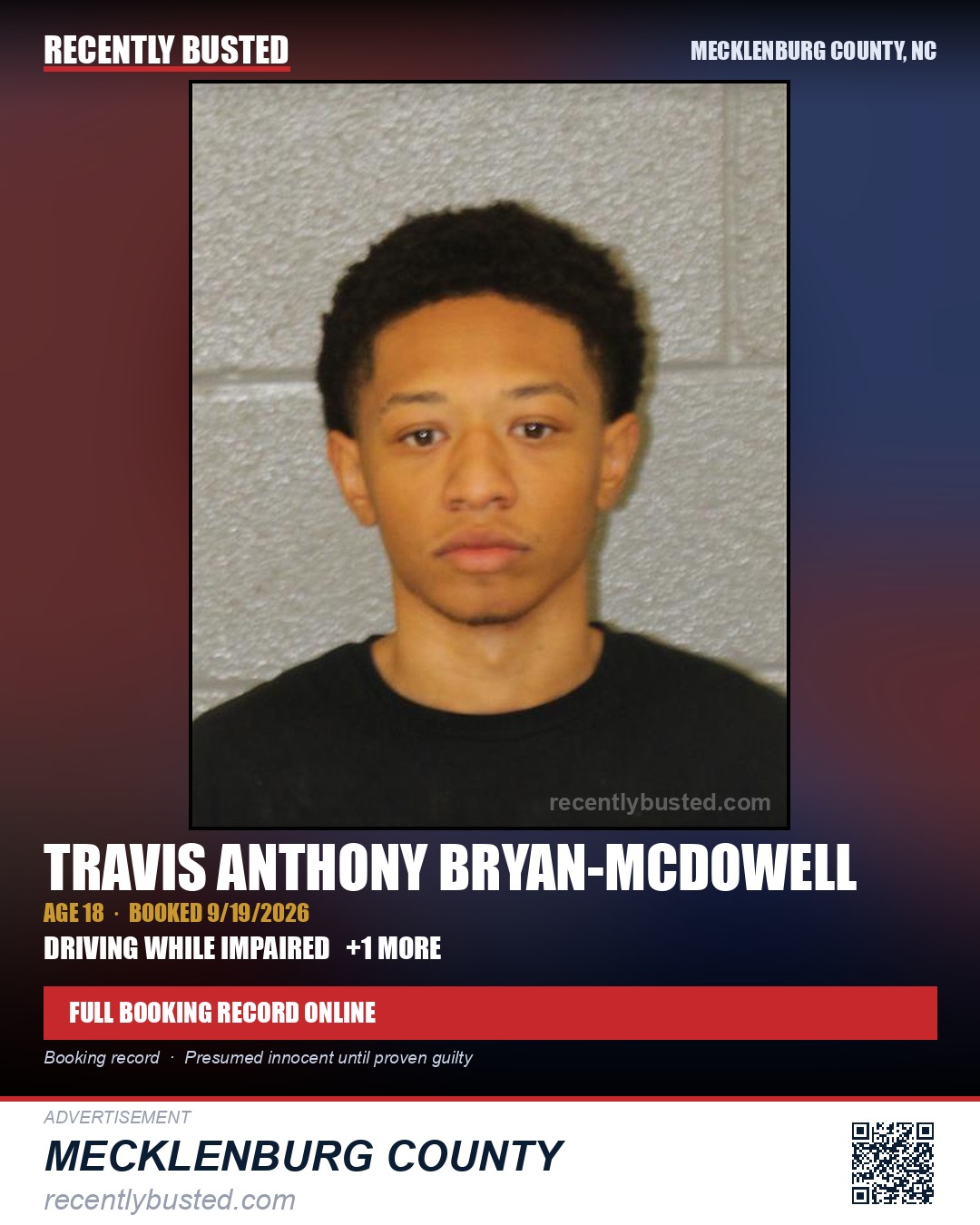 TRAVIS ANTHONY BRYAN-MCDOWELL — arrest record card, Mecklenburg County, North Carolina