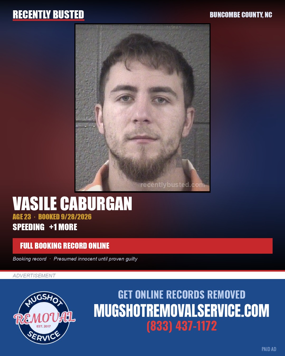 VASILE CABURGAN — arrest record card, Buncombe County, North Carolina