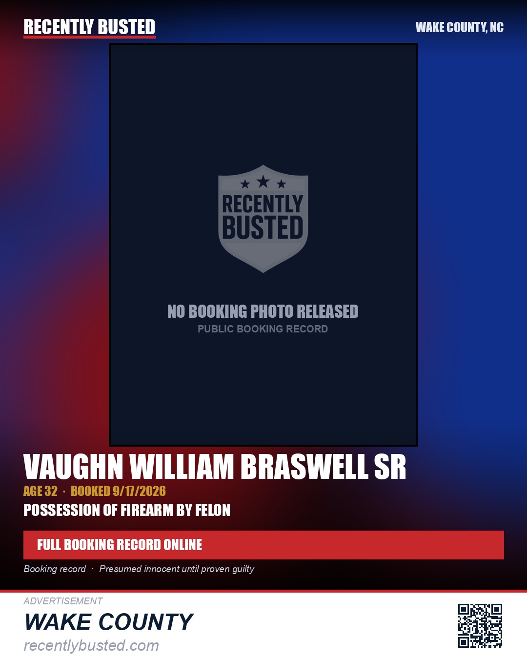 VAUGHN WILLIAM BRASWELL SR — arrest record card, Wake County, North Carolina