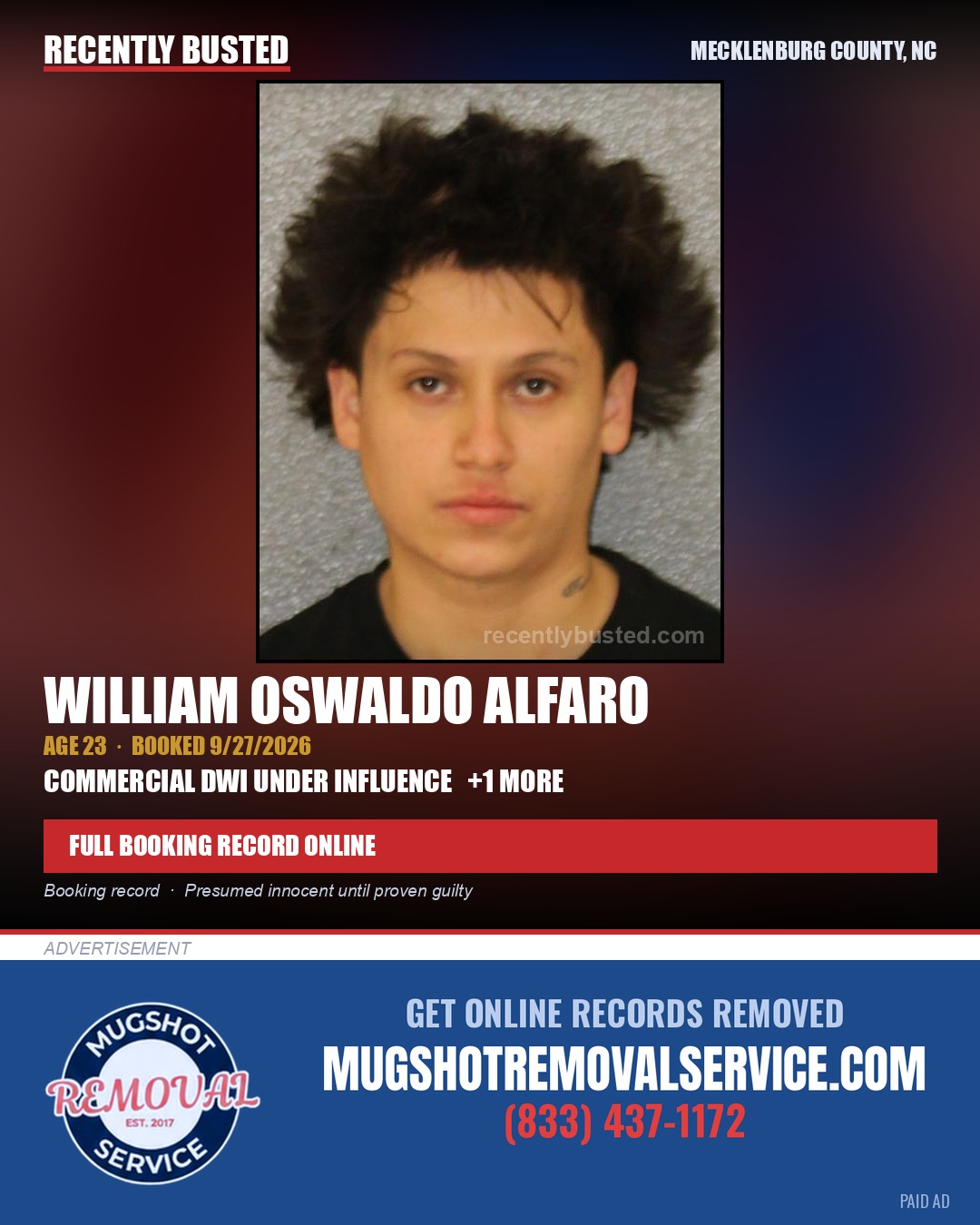WILLIAM OSWALDO ALFARO — arrest record card, Mecklenburg County, North Carolina