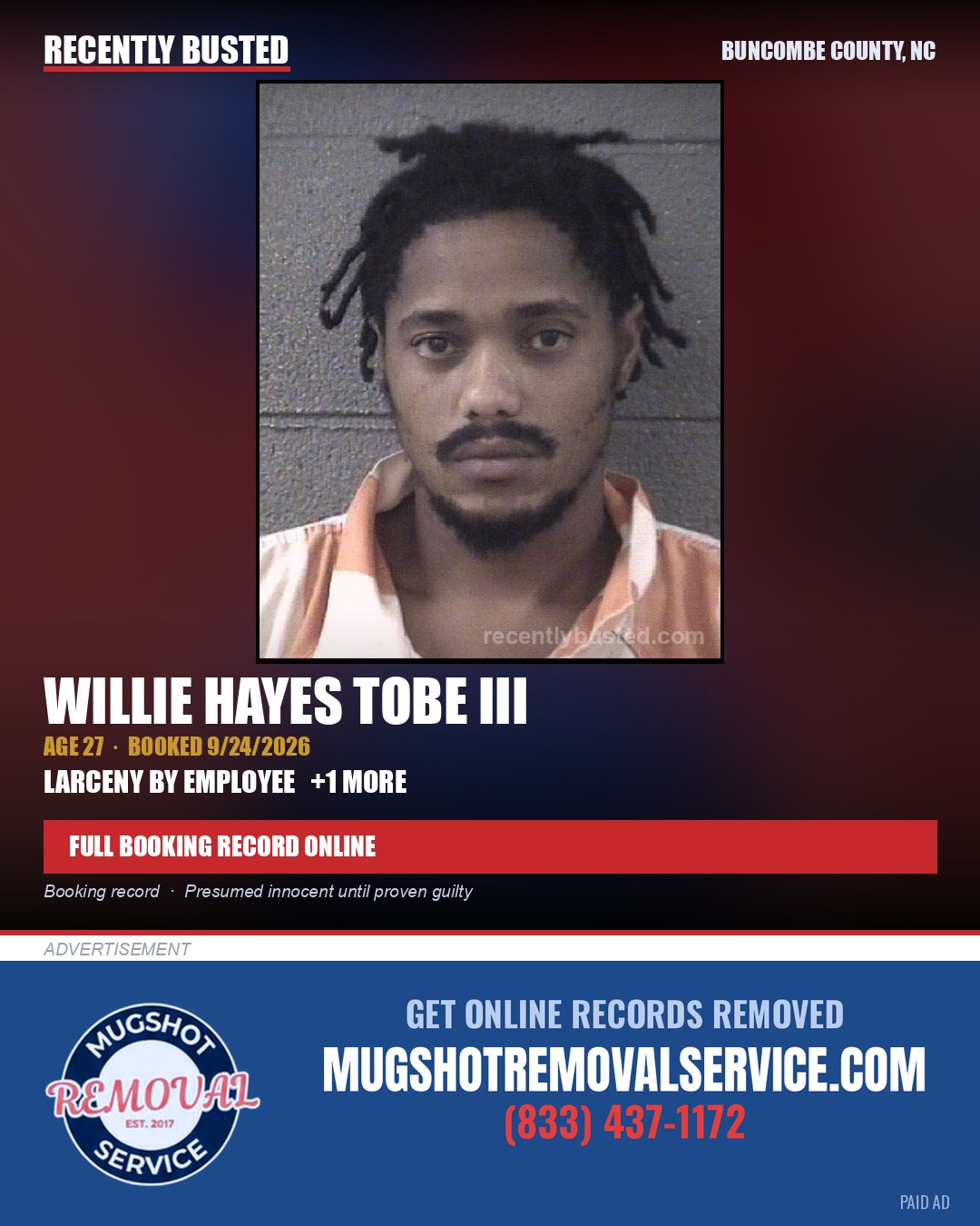WILLIE HAYES TOBE III — arrest record card, Buncombe County, North Carolina