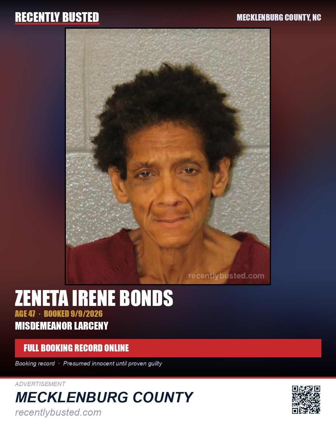 ZENETA IRENE BONDS — arrest record card, Mecklenburg County, North Carolina