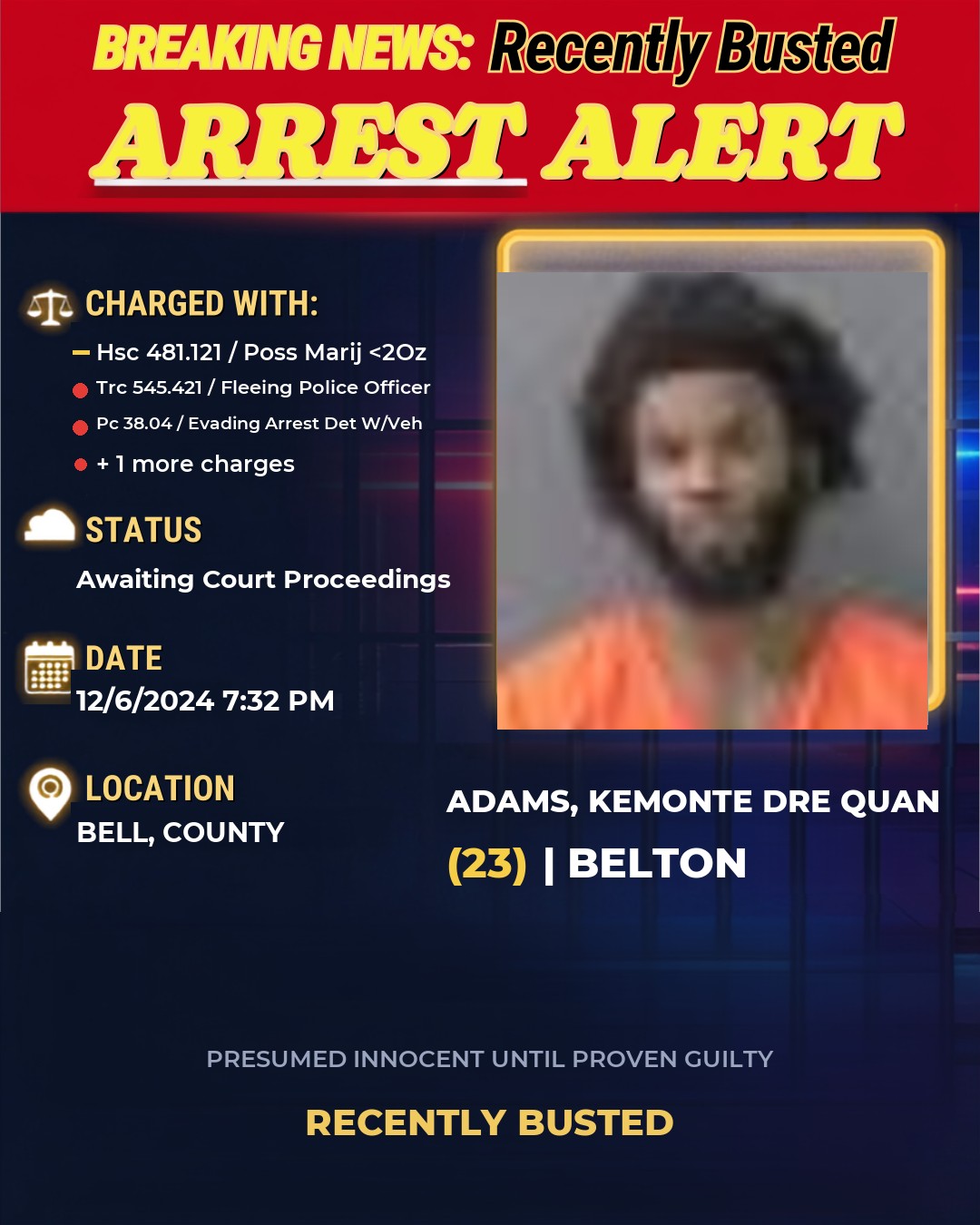 ADAMS, KEMONTE DRE QUAN — arrest record card, Bell County