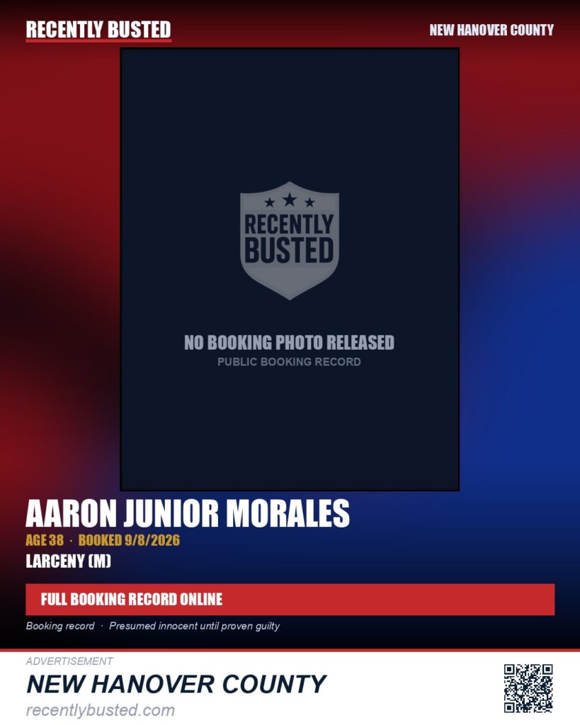 AARON JUNIOR MORALES — arrest record card, New Hanover County