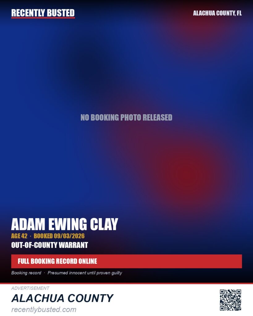Adam Ewing Clay — arrest record card, Alachua County, Florida