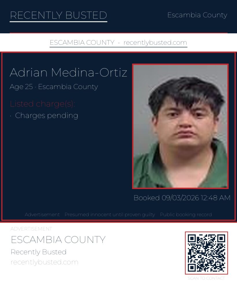 Adrian Medina-Ortiz — arrest record card, Escambia County, Florida