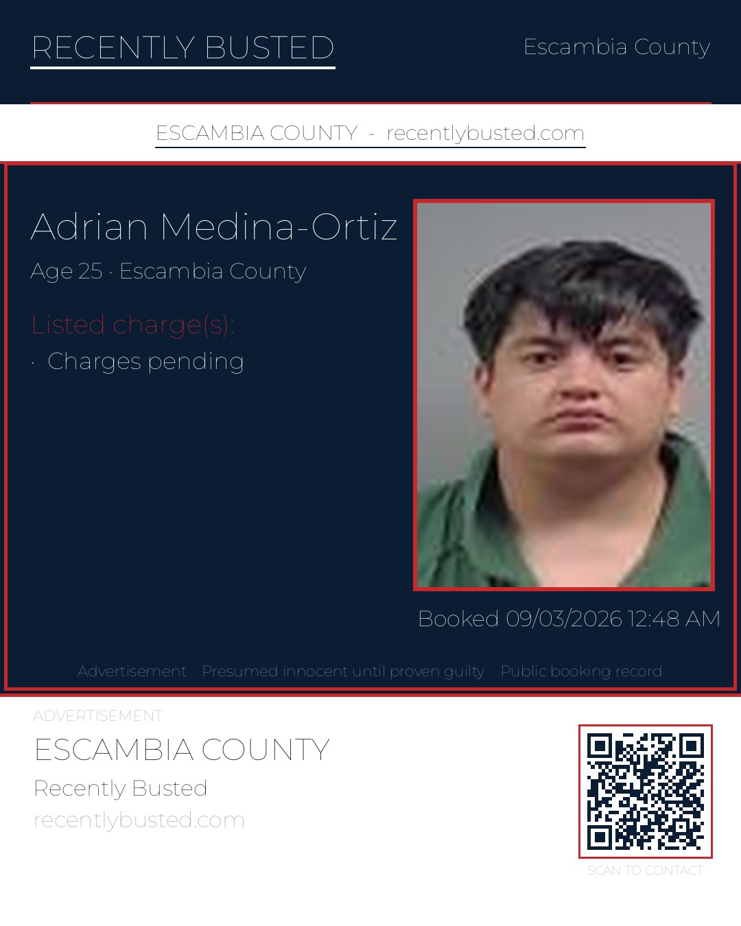 Adrian Medina-Ortiz — arrest record card, Escambia County, Florida