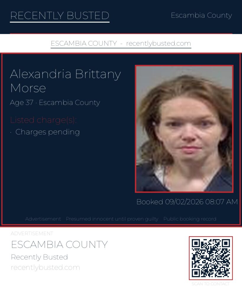 Alexandria Brittany Morse — arrest record card, Escambia County, Florida