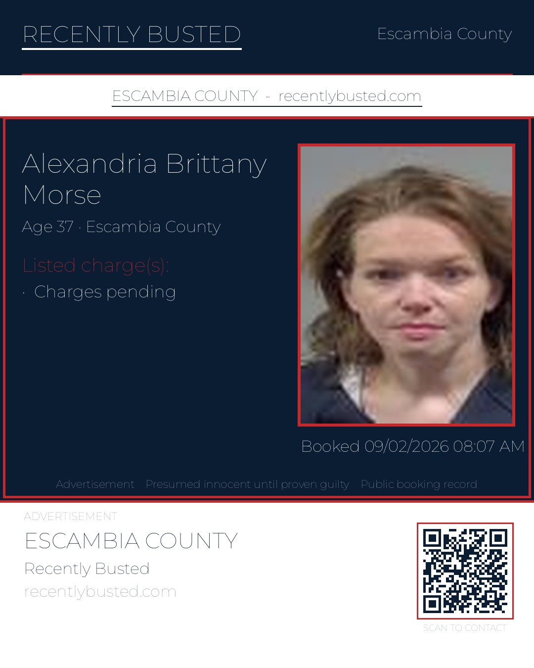 Alexandria Brittany Morse — arrest record card, Escambia County, Florida