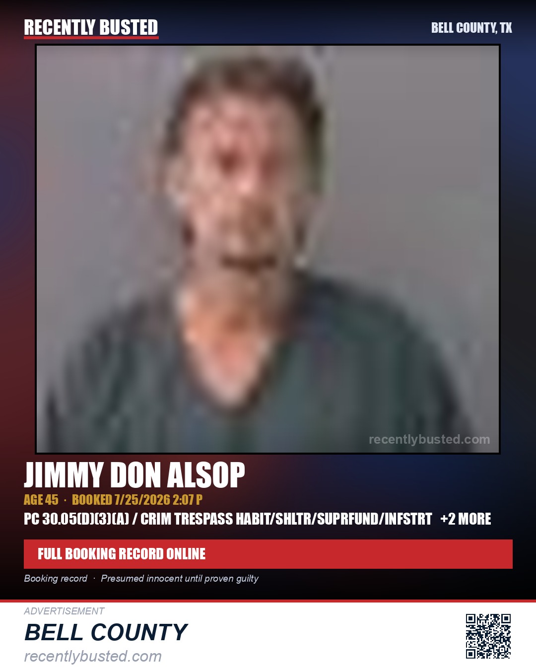 ALSOP, JIMMY DON — arrest record card, Bell County, Texas