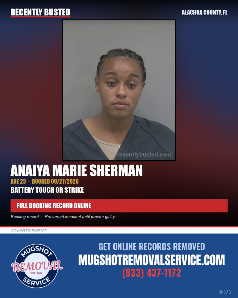 Anaiya Marie Sherman — arrest record card, Alachua County, Florida